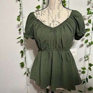Chic Olive Green Baby doll Women's Blouse